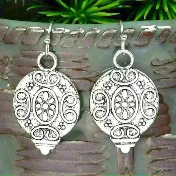 Antique Silver Stainless Steel Carved Pattern Dangle Earrings w/ Fish Hook Backs - Picture 1 of 1